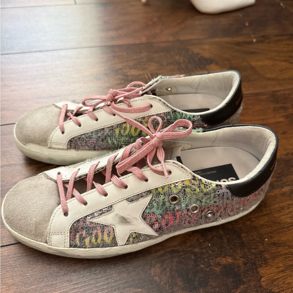 Golden Goose Multicolor Sequin Cheetah Sneakers with Pink Laces - Picture 3 of 5